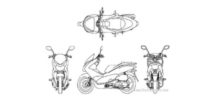 Esquema de una moto con vistas superior, frontal, lateral y trasera para señalar desperfectos durante el chequeo.